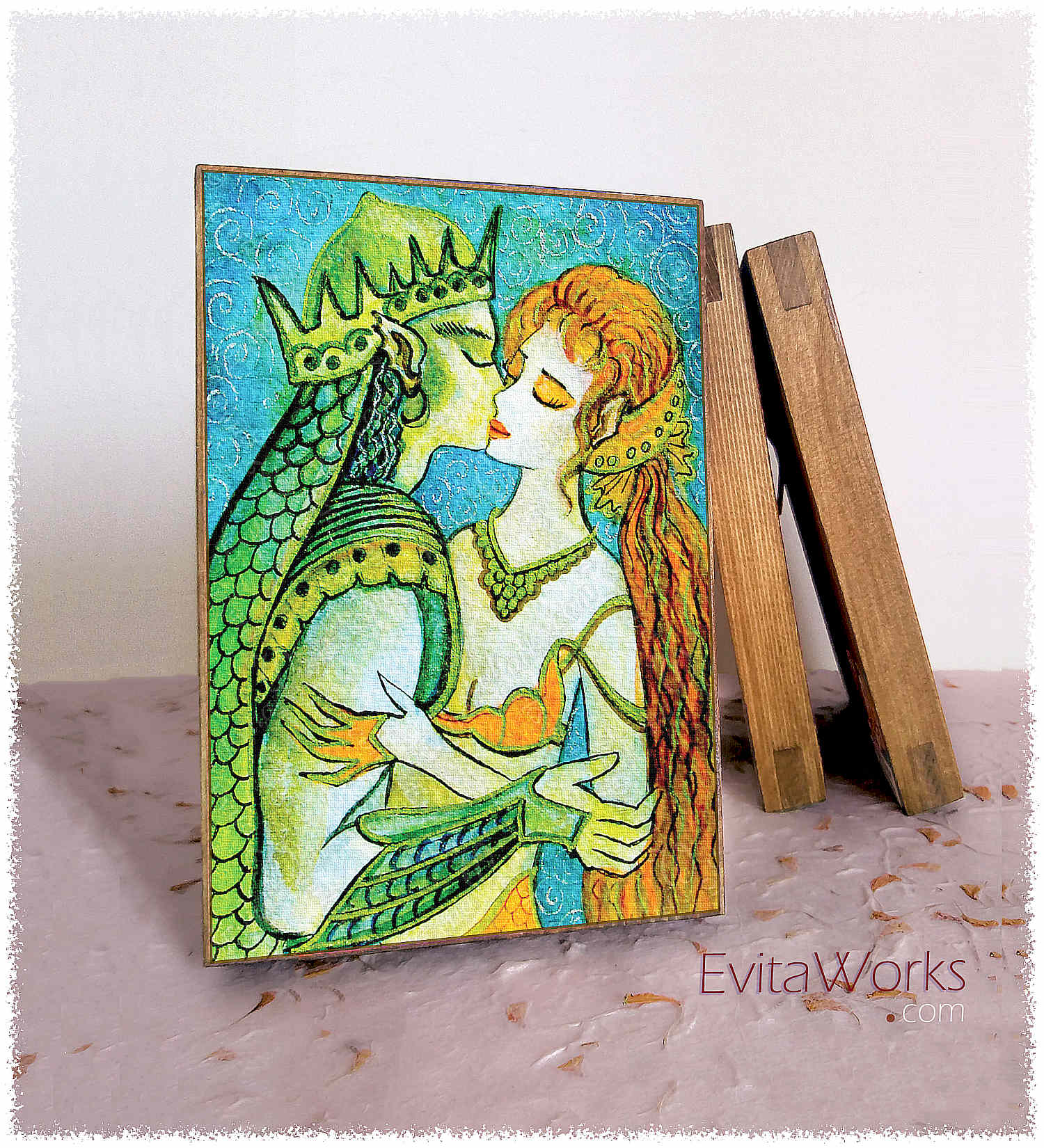 Hit to learn about "Mermaid 49, beautiful female creature, couple art" on woodblocks