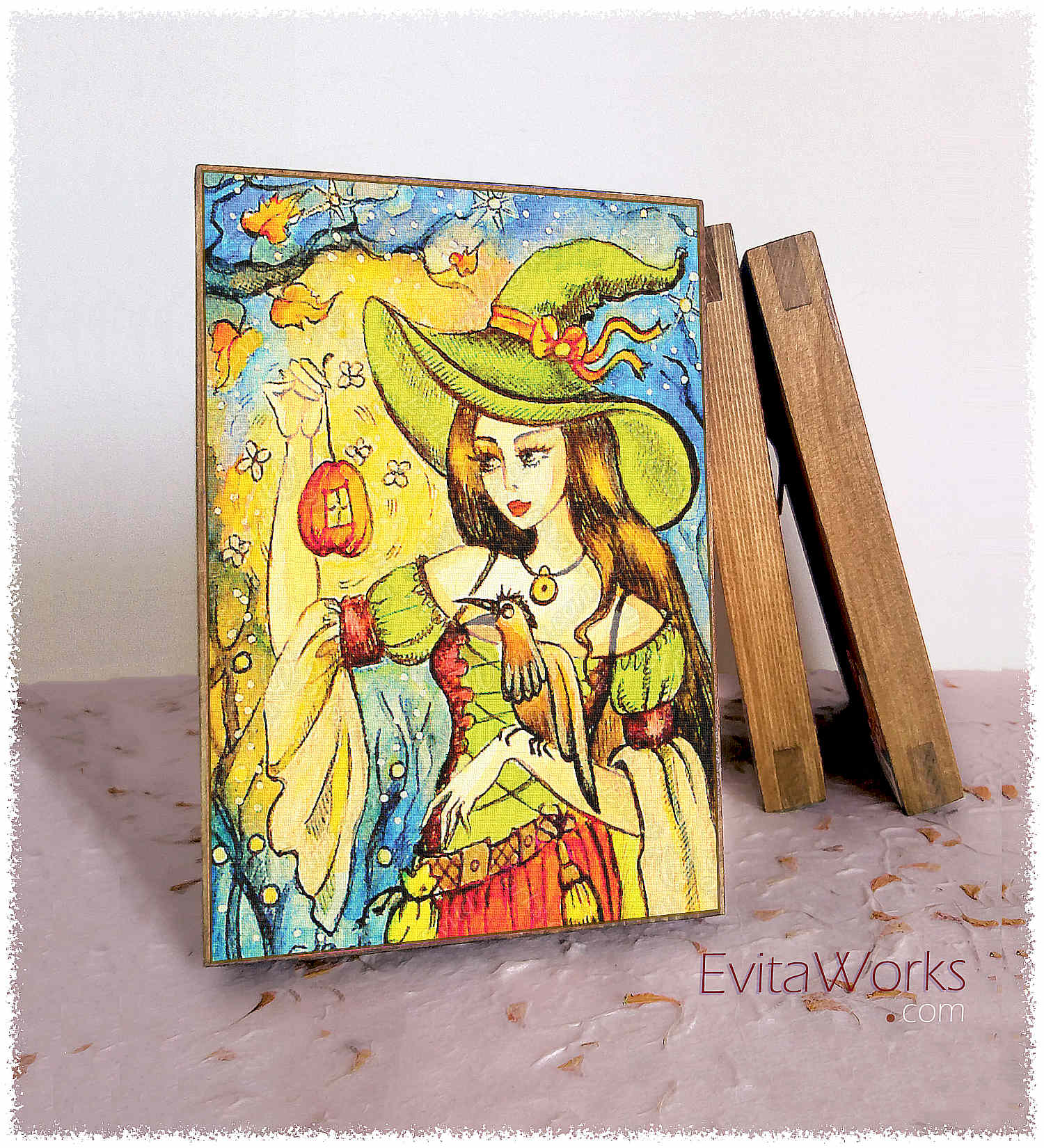 Hit to learn about "Witch and Bird 02, girl and pet art" on woodblocks