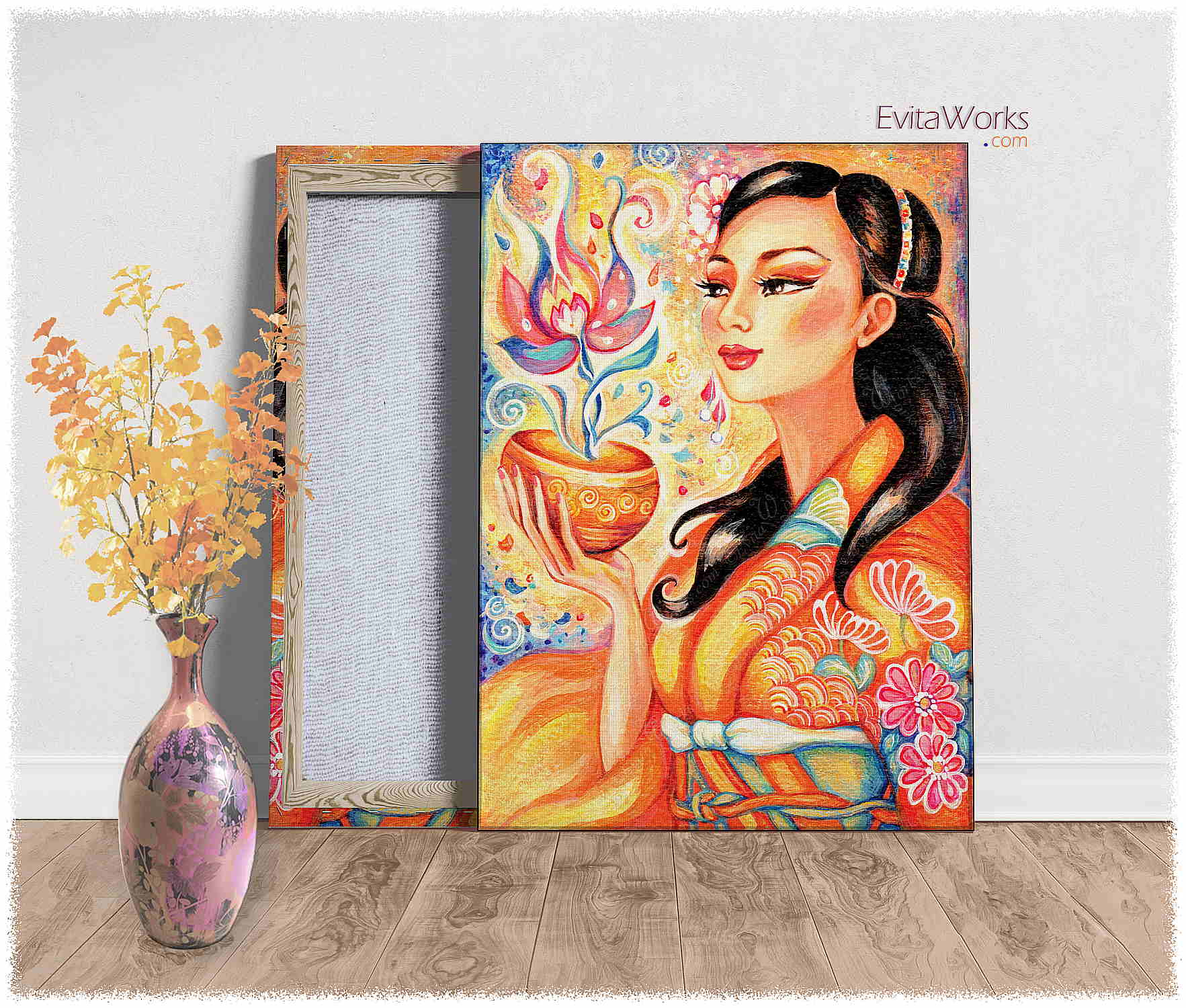 Hit to learn about "Kimono Flower, East woman, beautiful Asian art" on canvases