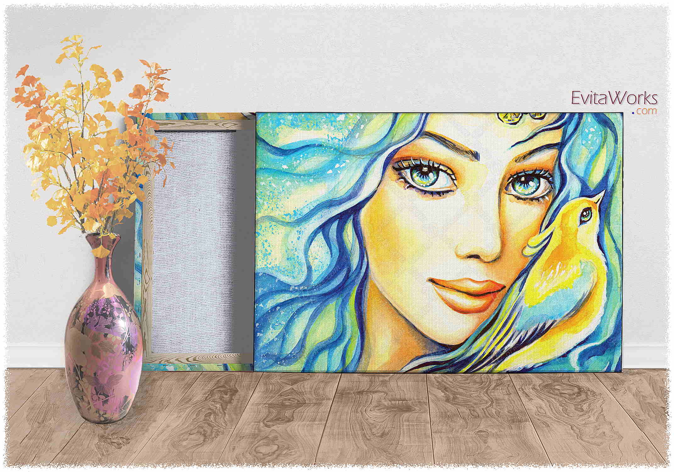 Hit to learn about "Bird of Secrets, fairy, beautiful mythical face" on canvases