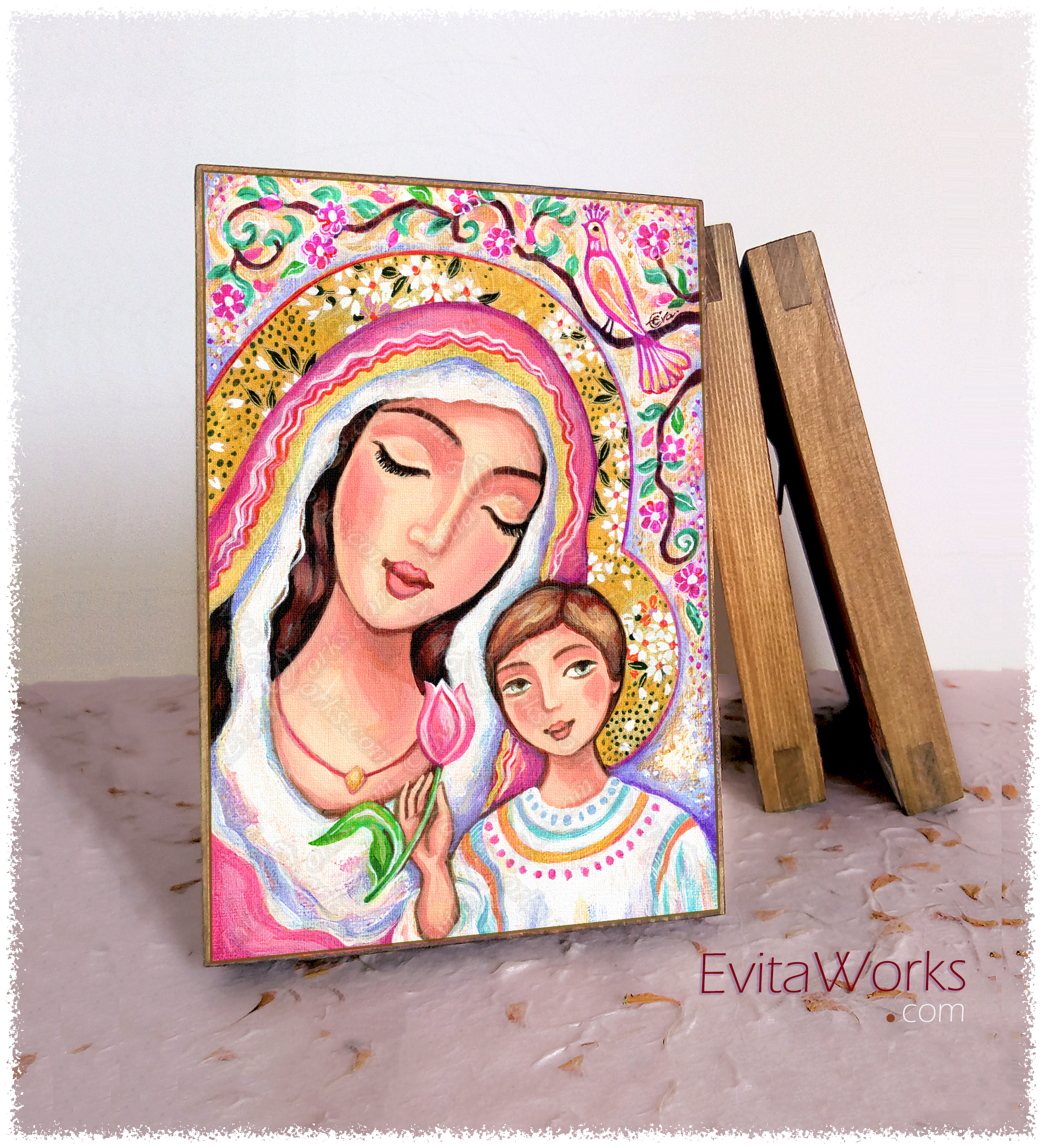 Hit to learn about "Madonna of the Blooming Tulip, Madonna and Child" on woodblocks
