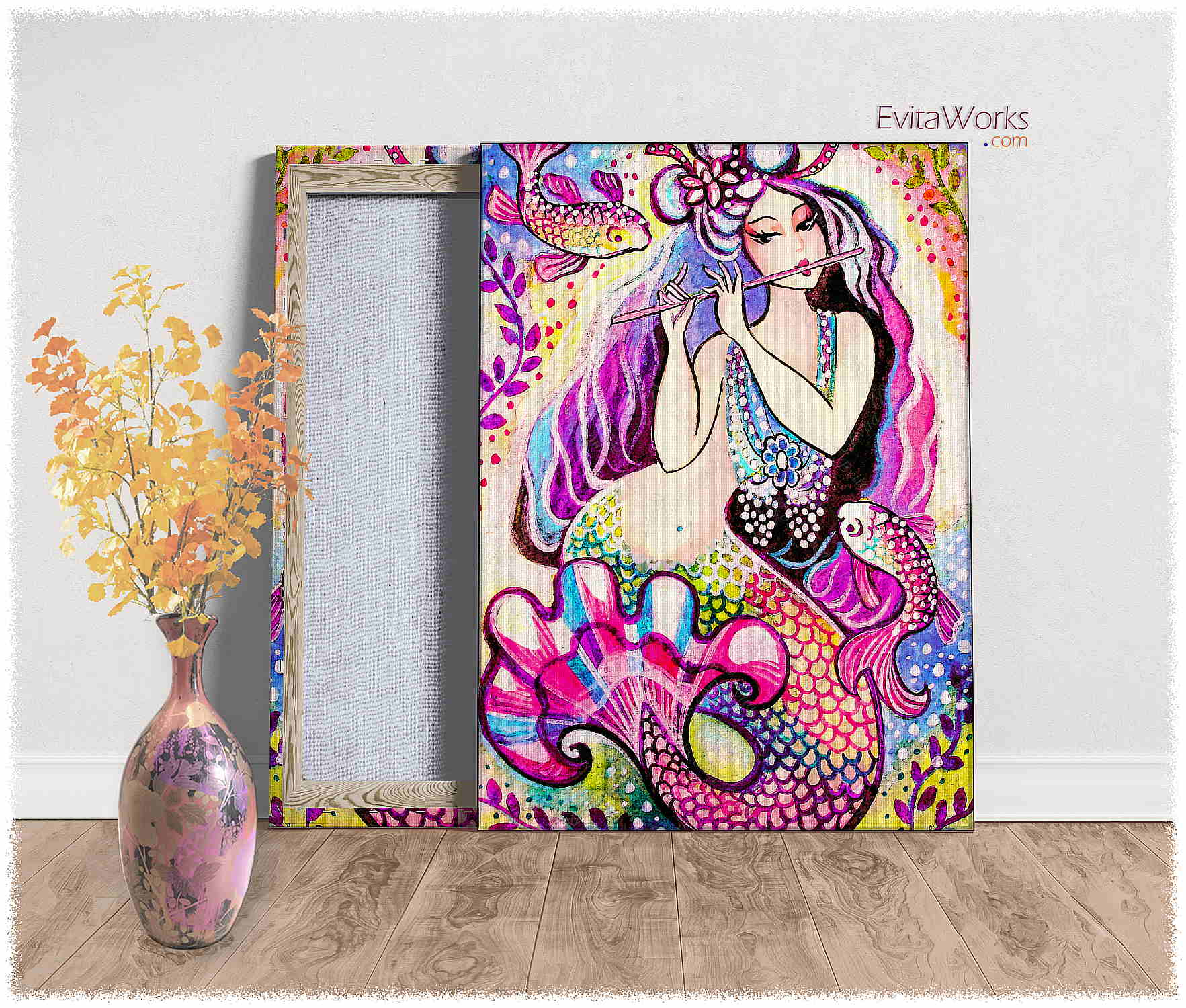Hit to learn about "East Sea Mermaid, flute, koi fish" on canvases