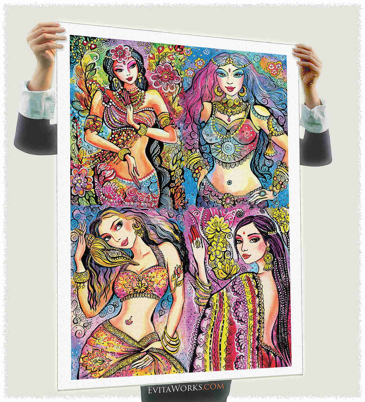Eastern Flower, Indian dancers, composed art set 4x oa 01 a1 ~ EvitaWorks