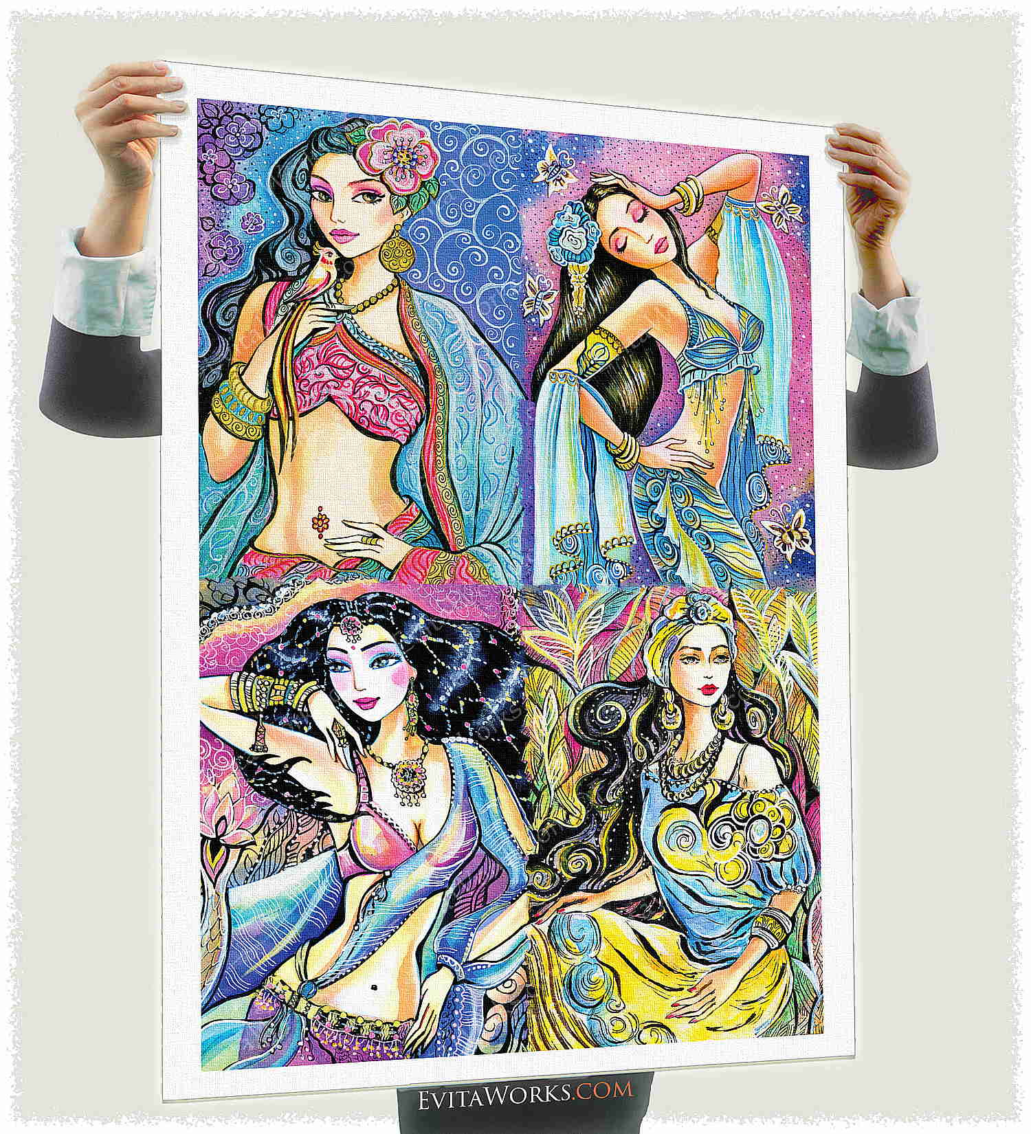 Eastern Flower II, Indian dancers, composed art set 4x oa 02 a1 ~ EvitaWorks